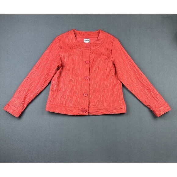 Chicos Short Jacket Size 1 Womens Medium Red Textured Button Front Lined Blazer - Picture 1 of 16